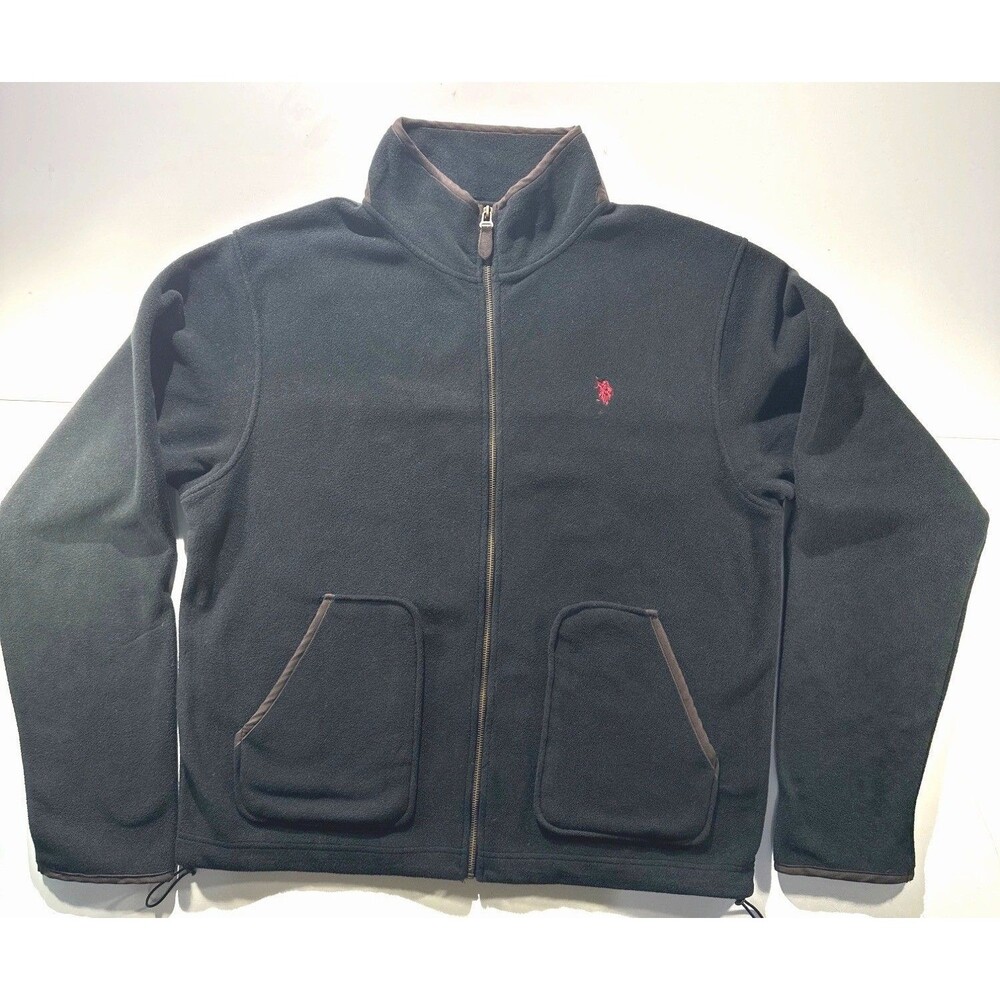U.S. Polo Assn. XL Black Fleece Full-Zip Jacket With Brown Trim & Pockets